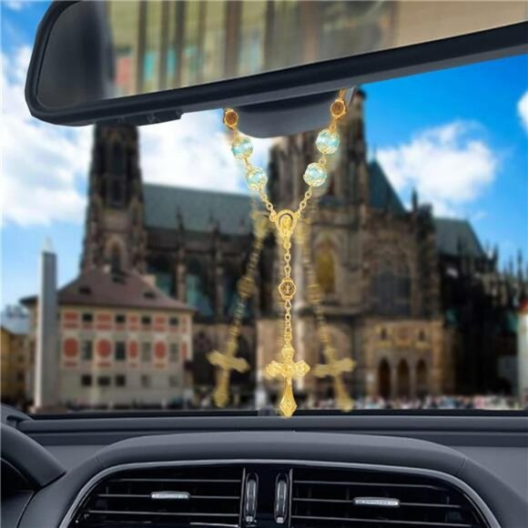 Catholic rosary beads car mirror cross pendant rearview hanging ornament set 4pc - Picture 6 of 8